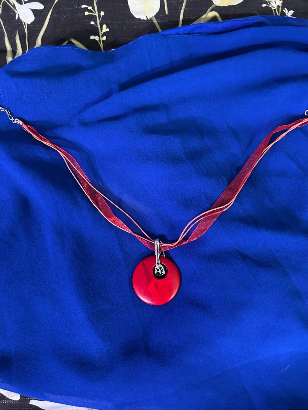 Bold Red Disc Pendant Necklace on Ribbon Cord